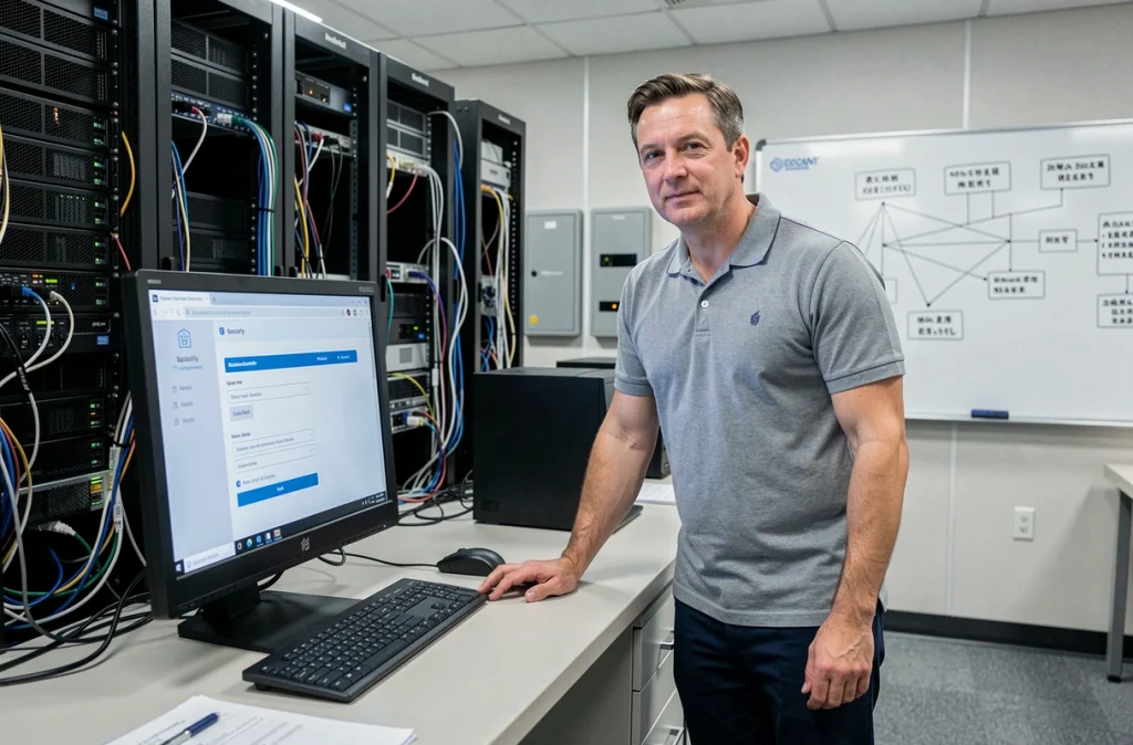 Administrateur informatique configurant les options de sécurité du webmail académique Acdijon dans une salle informatique universitaire