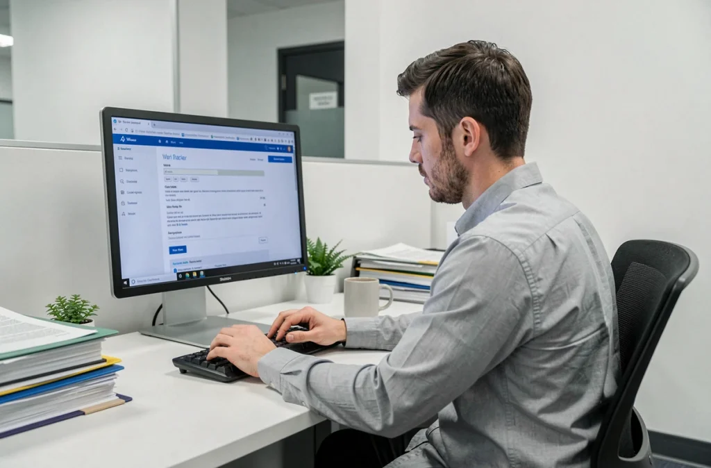Administrateur universitaire paramétrant les réglages de messagerie webmail sur un ordinateur de bureau