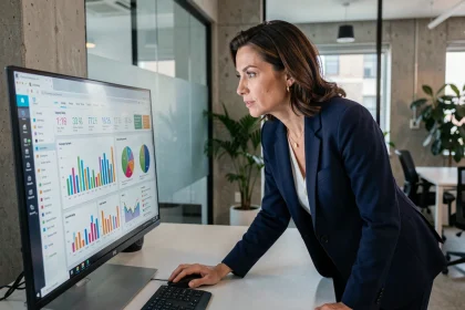 Analyste marketing femme examinant des tableaux de bord de données de campagne publicitaire sur écran