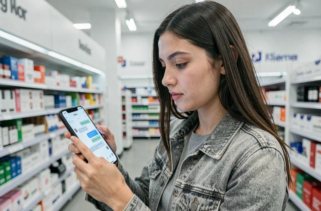 Jeune femme consultant un chatbot personnalisé sur son smartphone dans un magasin