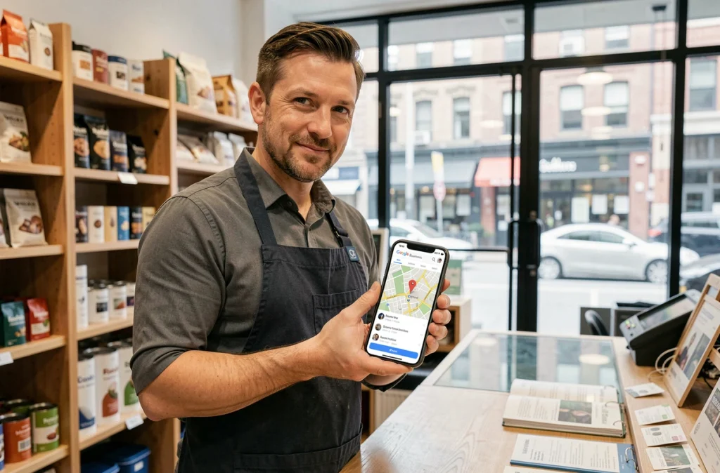 Commerçant consultant son profil Google Business sur smartphone dans sa boutique physique pour attirer des clients locaux