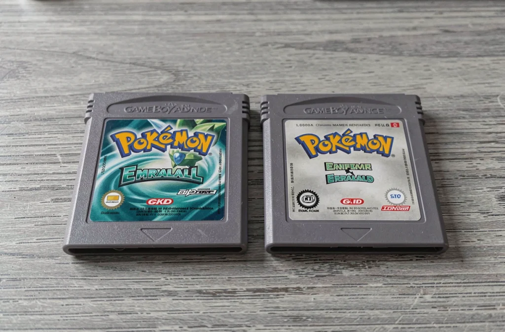 Comparaison de deux cartouches Pokémon Émeraude originale et reproduction côte à côte sur une surface en bois