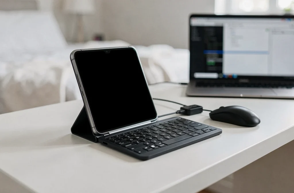 Configuration de récupération de données sur Samsung Galaxy Z Flip 4 écran noir avec clavier OTG et souris sur bureau blanc