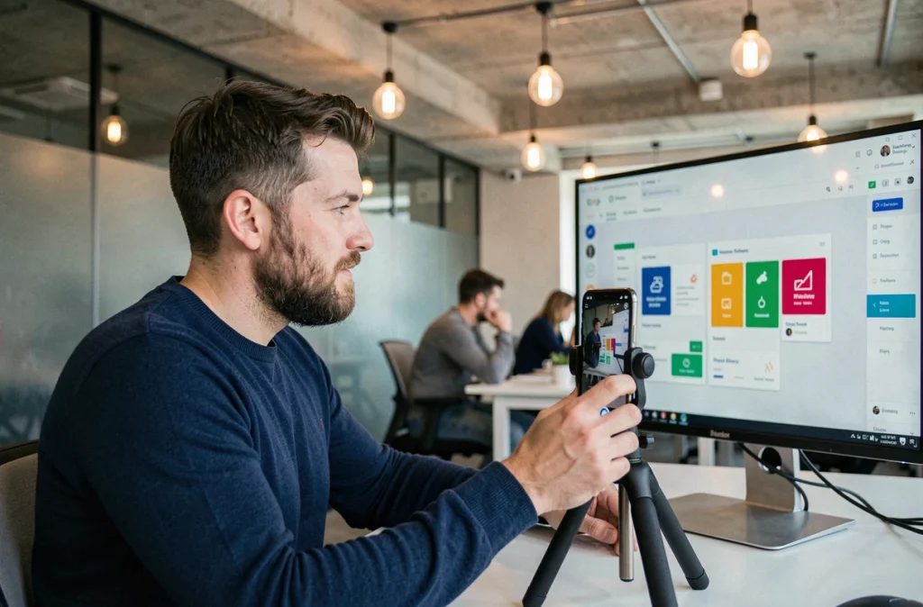 Créateur de contenu masculin filmant une démonstration de logiciel SaaS dans un espace de coworking contemporain