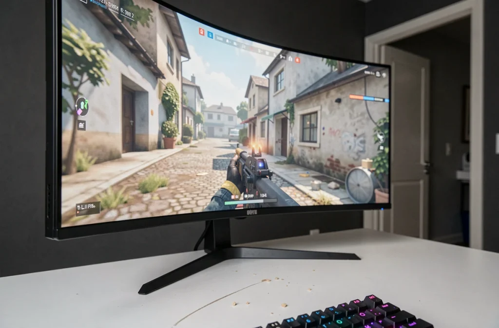 Gros plan sur un écran PC gaming incurvé ultrawide affichant un jeu FPS haute résolution sur bureau blanc minimaliste