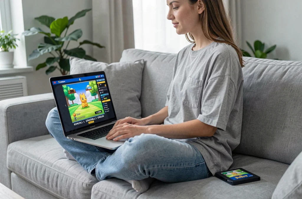 Jeune femme utilisant un émulateur Pokémon Émeraude sur ordinateur portable avec une cartouche originale posée à côté