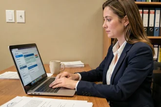 Enseignante configurant les paramètres de sécurité du webmail académique Acdijon sur un ordinateur portable dans un bureau scolaire
