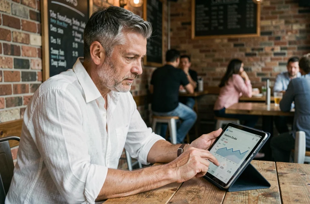 Chef d'entreprise analysant les performances d'une campagne d'emailing automatisée sur tablette dans un café urbain