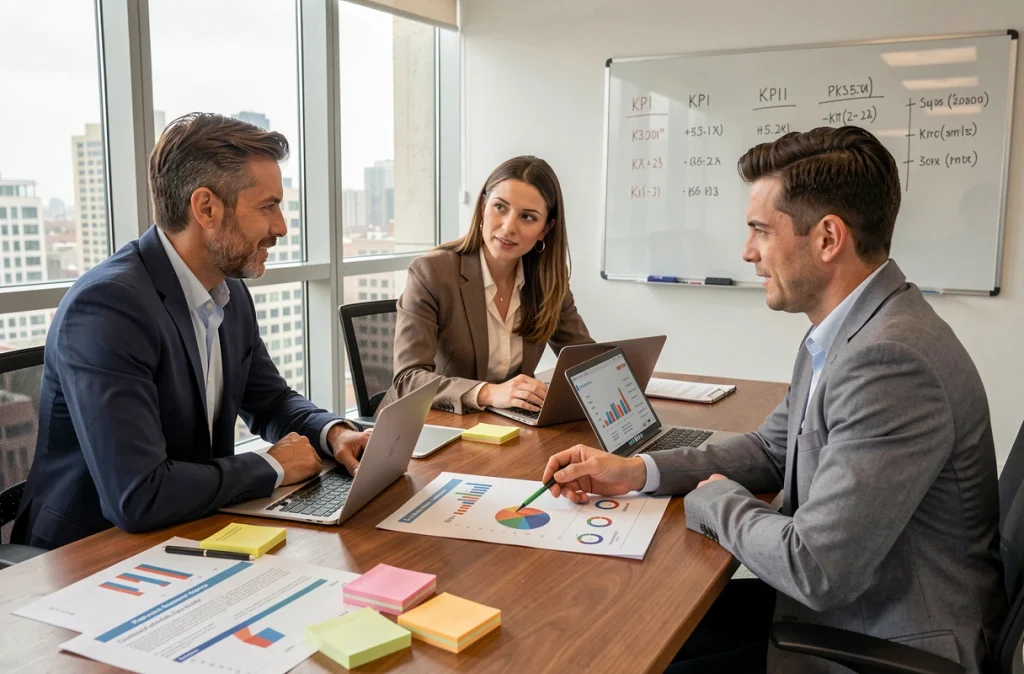 Équipe marketing analysant des données de performance publicitaire lors d'une réunion stratégique