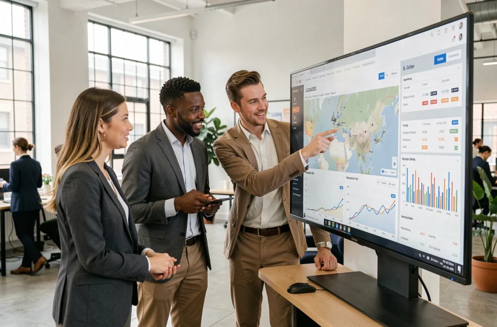 Équipe marketing analysant les performances du référencement local sur un tableau de bord numérique dans un espace de coworking