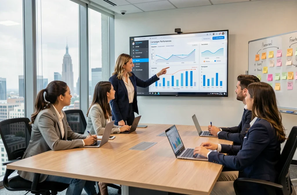 Équipe marketing analysant une campagne d'influence pour un logiciel avec tableaux de bord KPI en salle de réunion