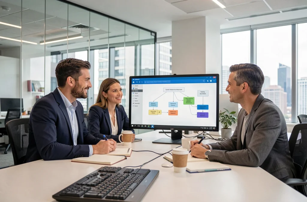 Équipe marketing collaborant sur une stratégie de newsletters automatisées devant un grand écran dans un bureau moderne