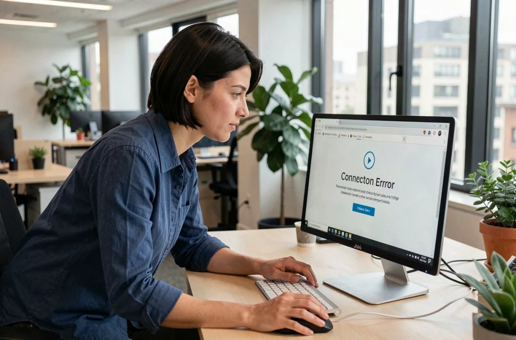 Femme consultant une page d'erreur de connexion sur un écran d'ordinateur de bureau en open space