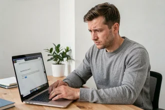 Homme face à un message d'erreur de navigateur sur son ordinateur portable dans un bureau à domicile