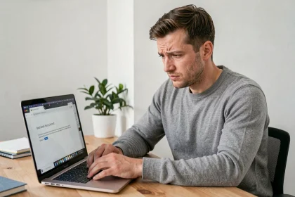 Homme face à un message d'erreur de navigateur sur son ordinateur portable dans un bureau à domicile