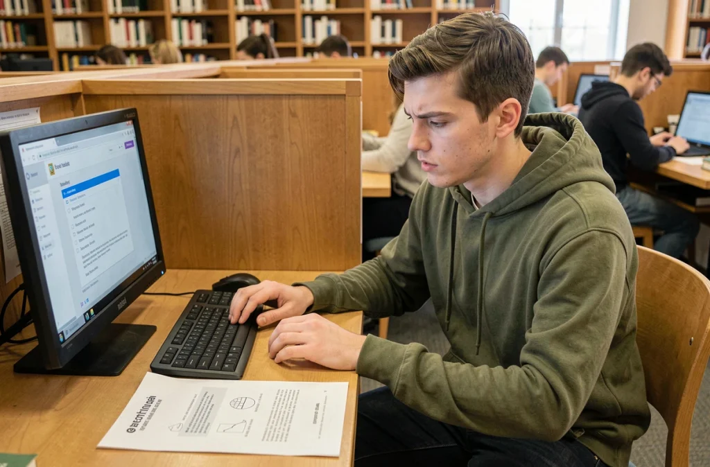 Étudiant consultant un guide de sécurité pour configurer son accès au webmail académique Acdijon en bibliothèque universitaire