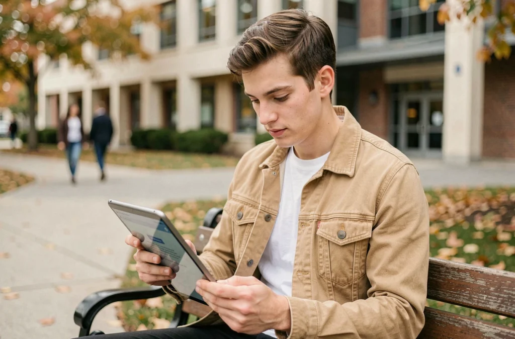 Étudiant consultant et configurant son webmail universitaire sur une tablette en plein air sur le campus