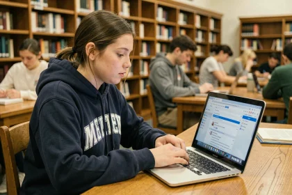 Étudiante configurant son webmail universitaire sur un ordinateur portable dans une bibliothèque universitaire
