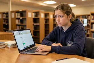 Étudiante frustrée devant son ordinateur portable tentant de récupérer son mot de passe de messagerie universitaire