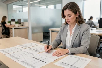 Femme au bureau comparant des feuilles de calcul imprimées pour vérifier la mise en page