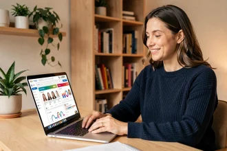 Femme travaillant sur un tableau de bord de newsletter automatisée dans un bureau à domicile moderne et minimaliste