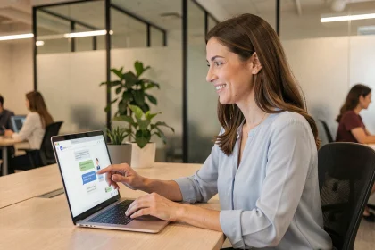 Femme souriante interagissant avec un chatbot personnalisé sur un ordinateur portable dans un bureau moderne