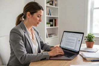 Femme professionnelle convertissant un fichier Pages en Word sur un MacBook dans un bureau à domicile