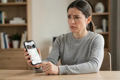 Femme tenant un iPhone affichant les paramètres iCloud, assise dans un bureau moderne, illustrant la confidentialité des données Apple