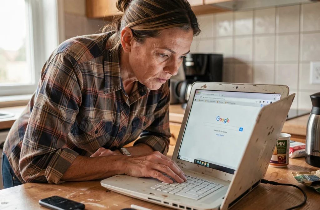 Femme utilisant un ancien ordinateur portable pour mettre à jour Google Chrome dans une cuisine du quotidien