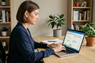 Femme protégeant un document Word avec un mot de passe sur son ordinateur portable dans un bureau à domicile