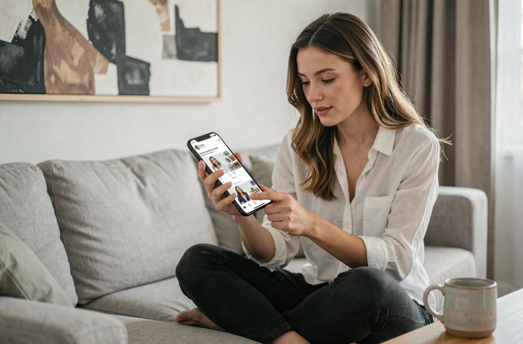 Jeune femme découvrant des publicités de retargeting personnalisées sur son smartphone dans un salon moderne