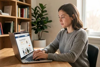 Femme consultant un site e-commerce avec des recommandations de retargeting personnalisées sur un ordinateur portable