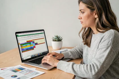 Femme créant un tableau croisé dynamique sur Excel depuis un bureau moderne