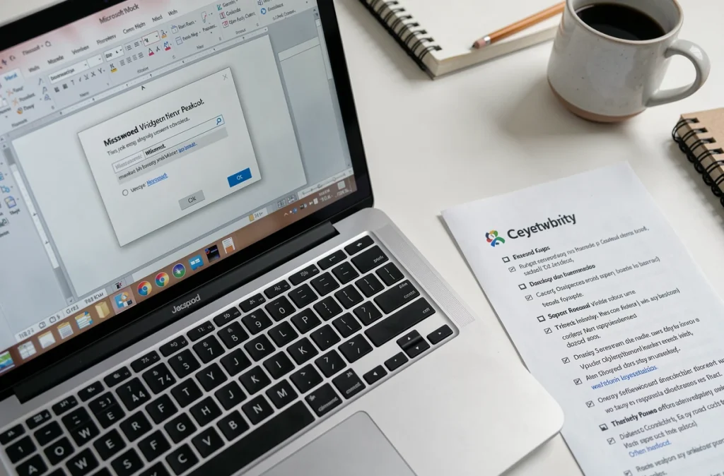 Gros plan d'un écran d'ordinateur portable affichant une boîte de dialogue de protection par mot de passe dans Microsoft Word sur un bureau minimaliste