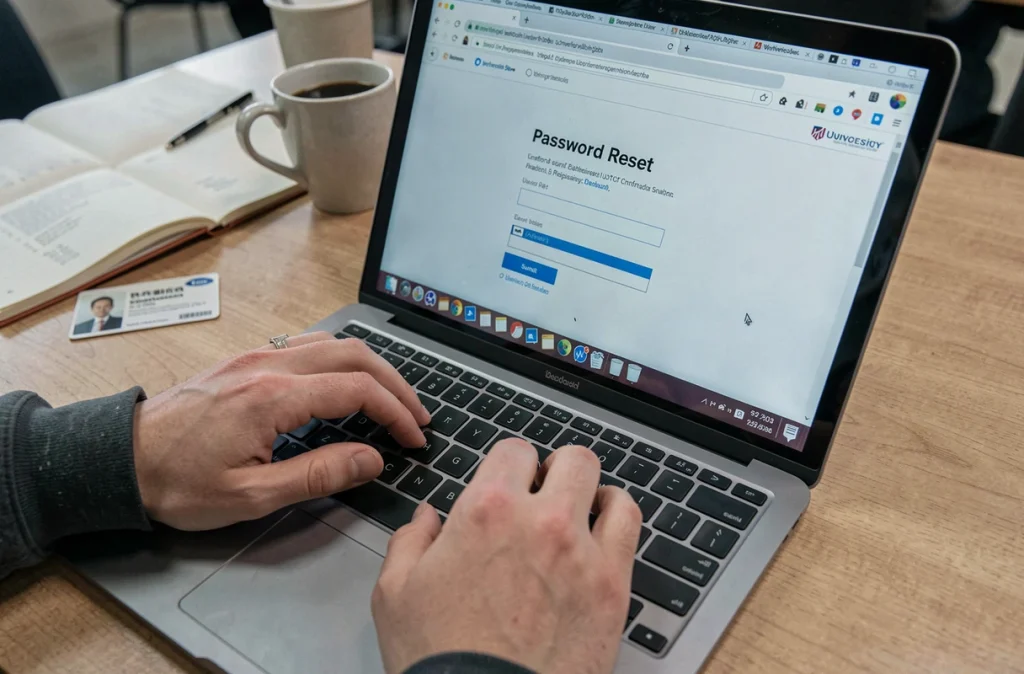 Gros plan sur les mains d'un étudiant soumettant un formulaire de réinitialisation de mot de passe sur le webmail de l'Université de Nantes