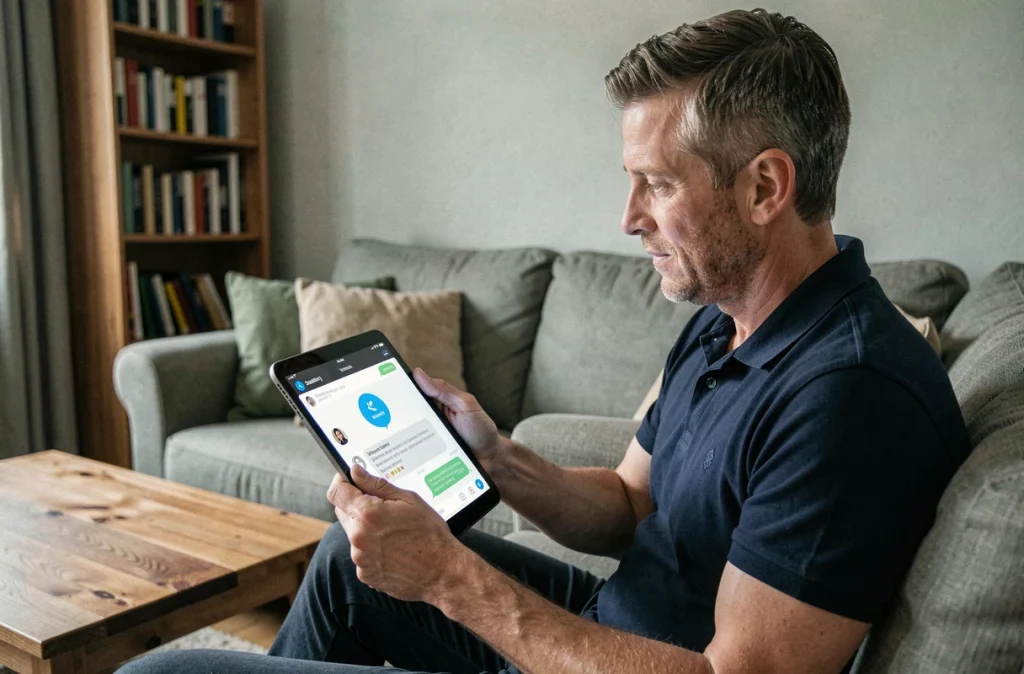 Homme utilisant un chatbot de service client sur une tablette à son domicile