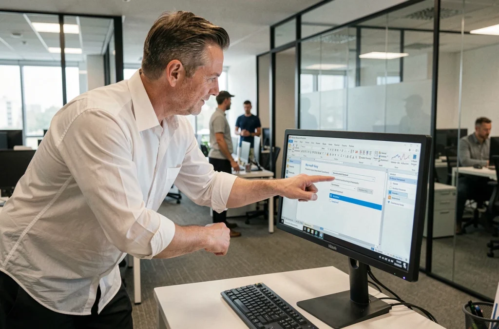 Homme en bureau d'entreprise configurant la protection par mot de passe d'un fichier Word sur un ordinateur de bureau