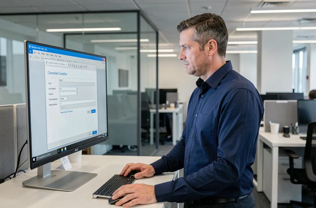 Homme en entreprise convertissant un document Pages en format Word sur un grand écran de bureau