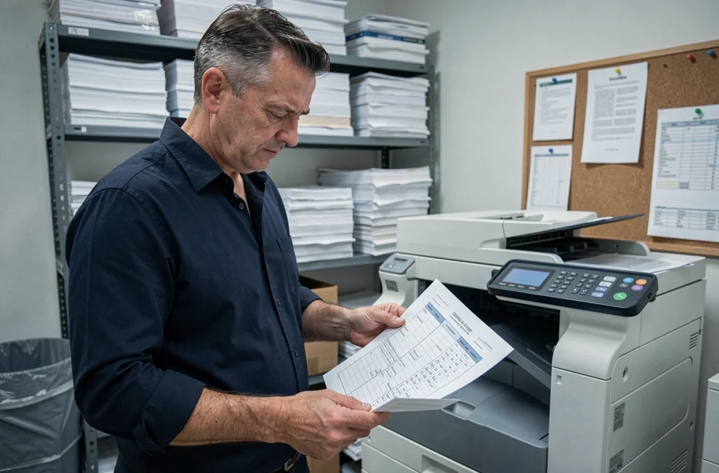 Homme vérifiant une feuille de calcul imprimée sortant d'une imprimante de bureau