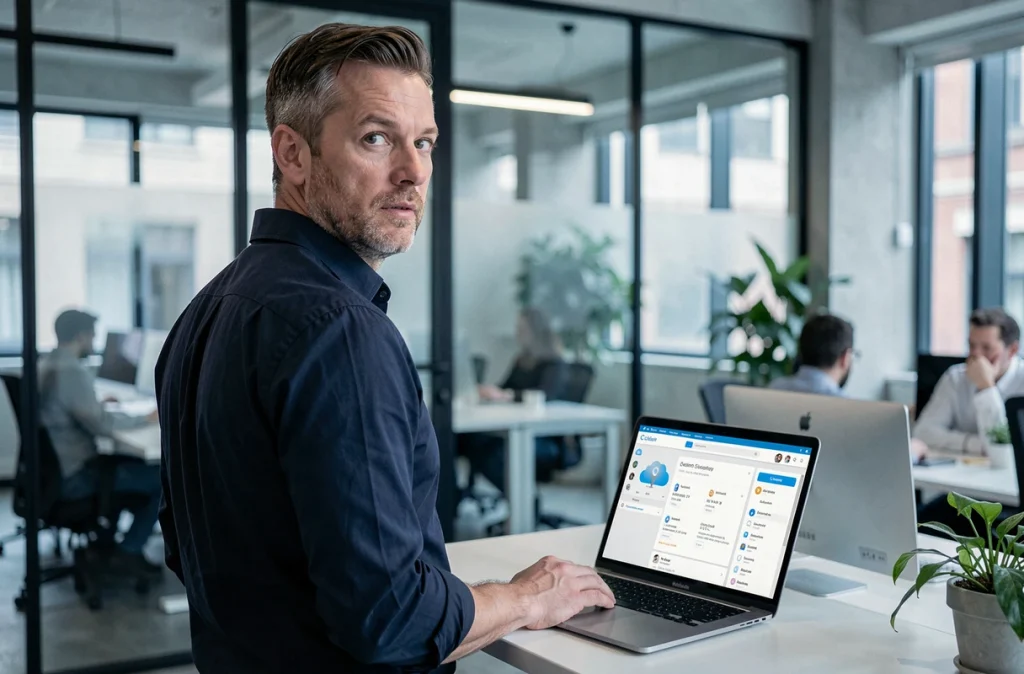 Homme dans un bureau moderne regardant un MacBook avec un tableau de bord iCloud et des données de localisation, évoquant la surveillance numérique Apple