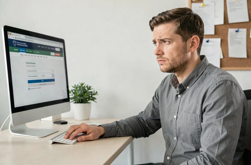 Homme en télétravail cherchant à réinitialiser son mot de passe sur l'interface webmail de son université