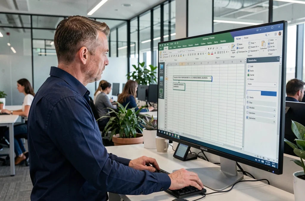 Homme consultant un tableau croisé dynamique Excel sur grand écran en open space