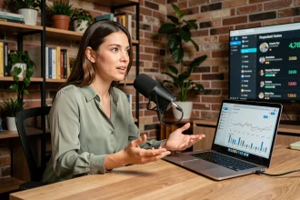 Influenceuse tech enregistrant une revue de logiciel dans un studio maison moderne avec microphone et écran d'analytique