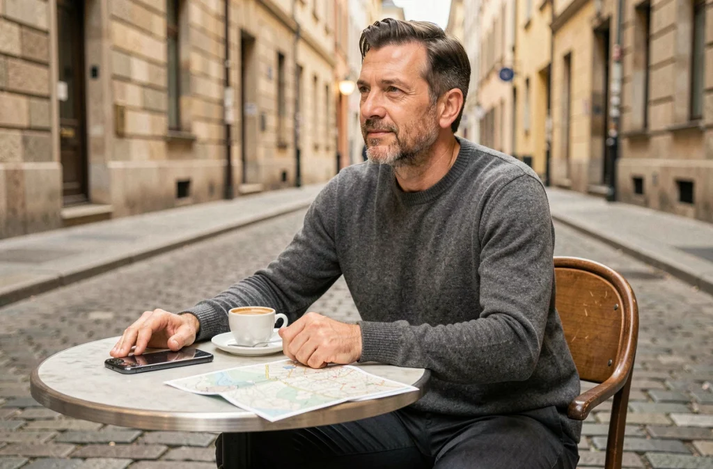 Homme assis en terrasse de café européen avec un iPhone 16 et une carte, illustrant l'utilisation de l'eSIM en voyage