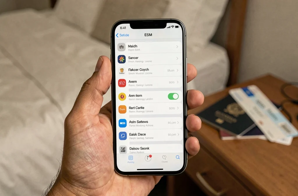 Gros plan sur un iPhone 16 affichant le menu eSIM dans une chambre d'hôtel avec passeport et carte d'embarquement