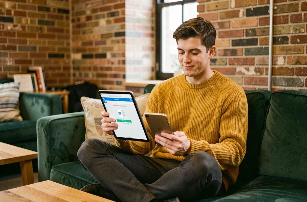 Jeune professionnel exportant un fichier Pages en Word depuis un iPad dans un espace de coworking moderne
