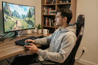 Joueur occasionnel installé devant un grand écran PC de 27 pouces dans un bureau gaming home setup confortable