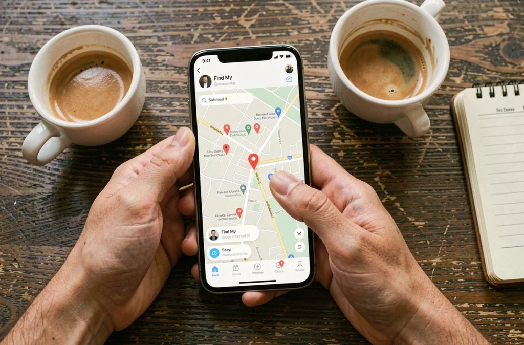 Gros plan de mains tenant un iPhone avec l'application Localiser d'Apple affichant une carte de localisation d'appareils, sur une table de café