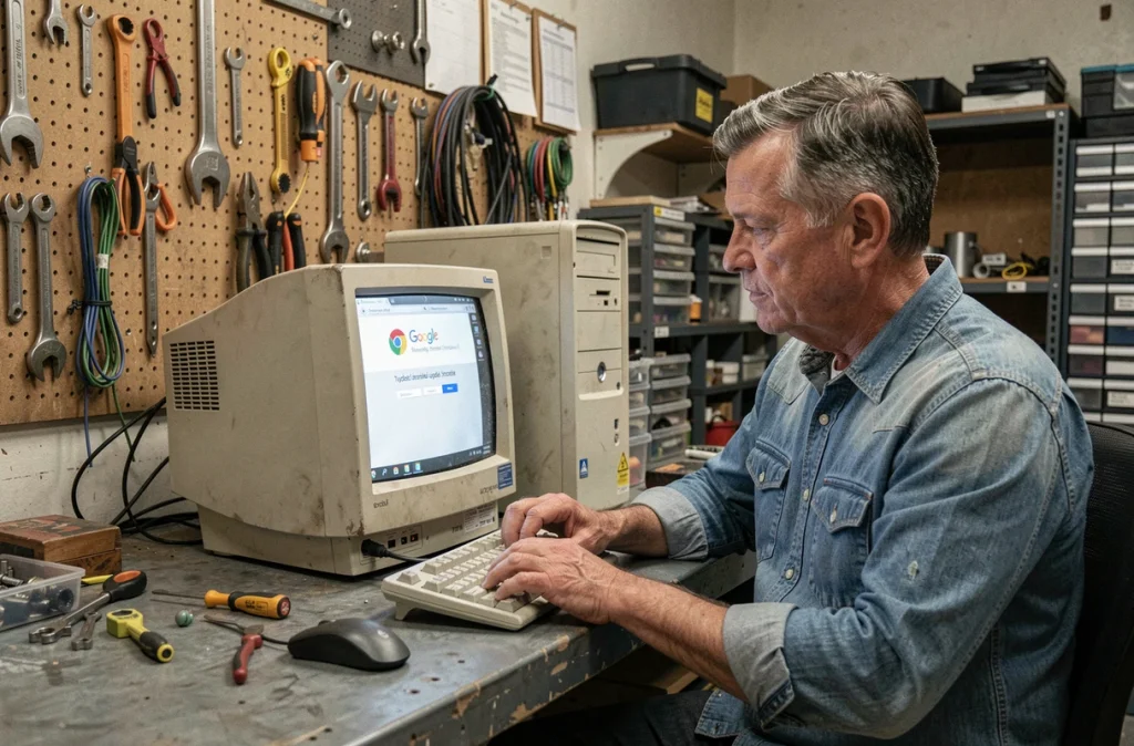 Homme mettant à jour Google Chrome sur un vieux PC de bureau dans un atelier artisanal à domicile
