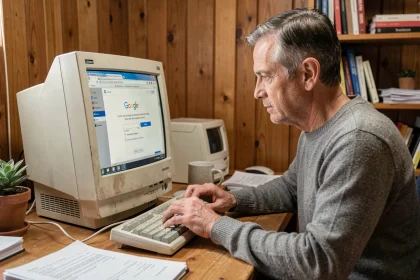 Homme d'une cinquantaine d'années mettant à jour Google Chrome sur un vieux PC de bureau dans un bureau à domicile